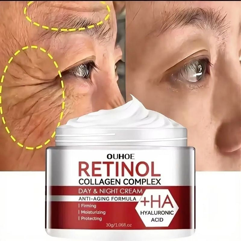 Crème visage au rétinol, collagène et acide hyaluronique – Élimine les cernes, réduit les rides, illumine et adoucit la peau.